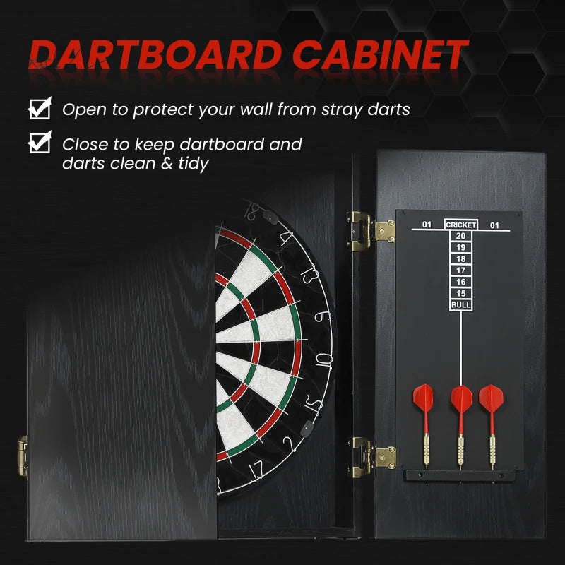 Open black dartboard cabinet showing bristle board, dart holders, and three red steel-tip darts.