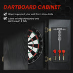 Open black dartboard cabinet showing bristle board, dart holders, and three red steel-tip darts.