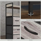 Seven-drawer cabinet details: steel frame, fabric drawer fronts, curved handles, foot pads
