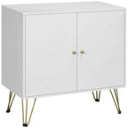 White slim sideboard cabinet with two doors, geometric panels, and brass hairpin legs