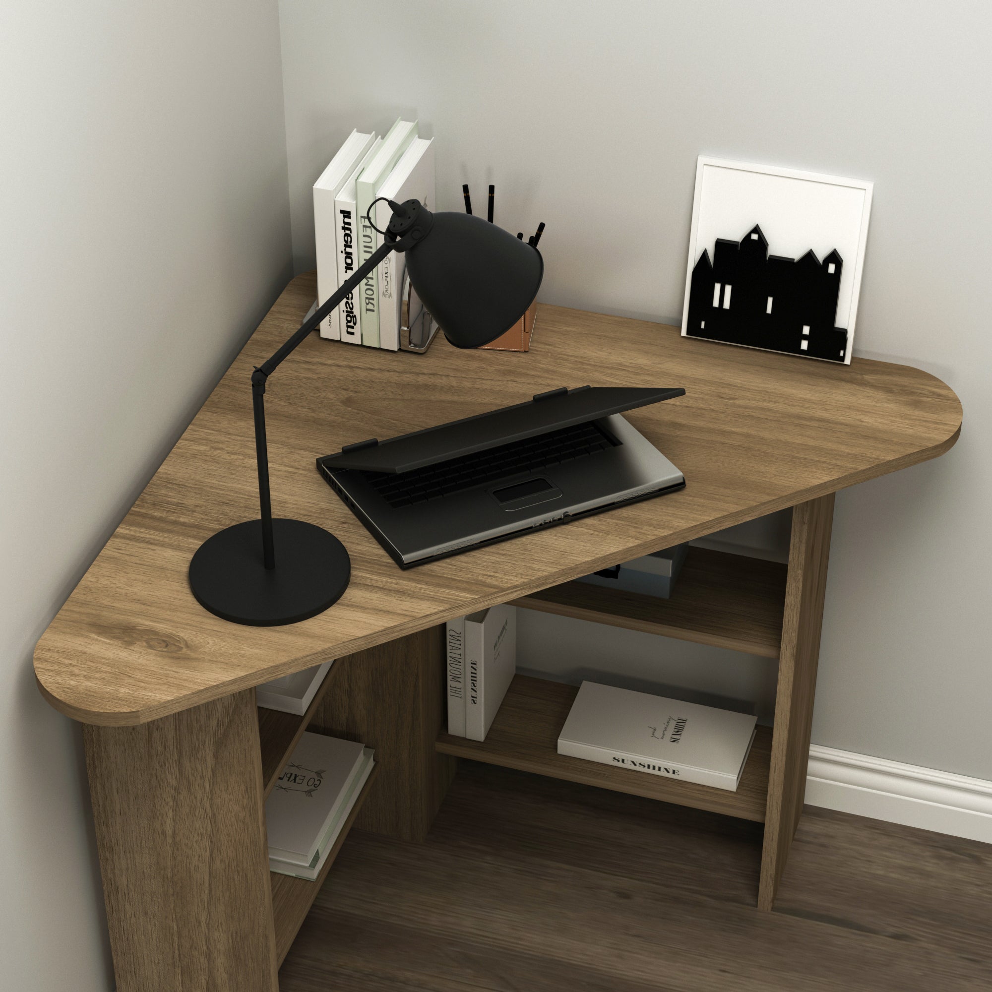 Corner Computer Desk with Shelves-Gredos