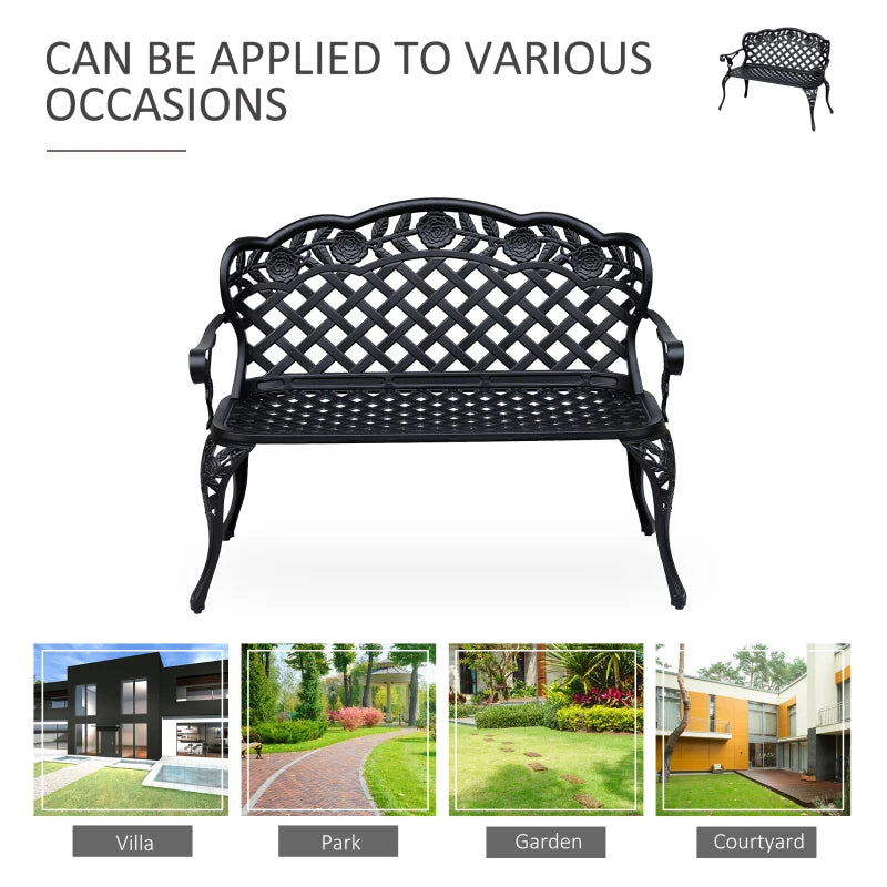 Black cast aluminum garden bench front view with arched backrest and slatted seat