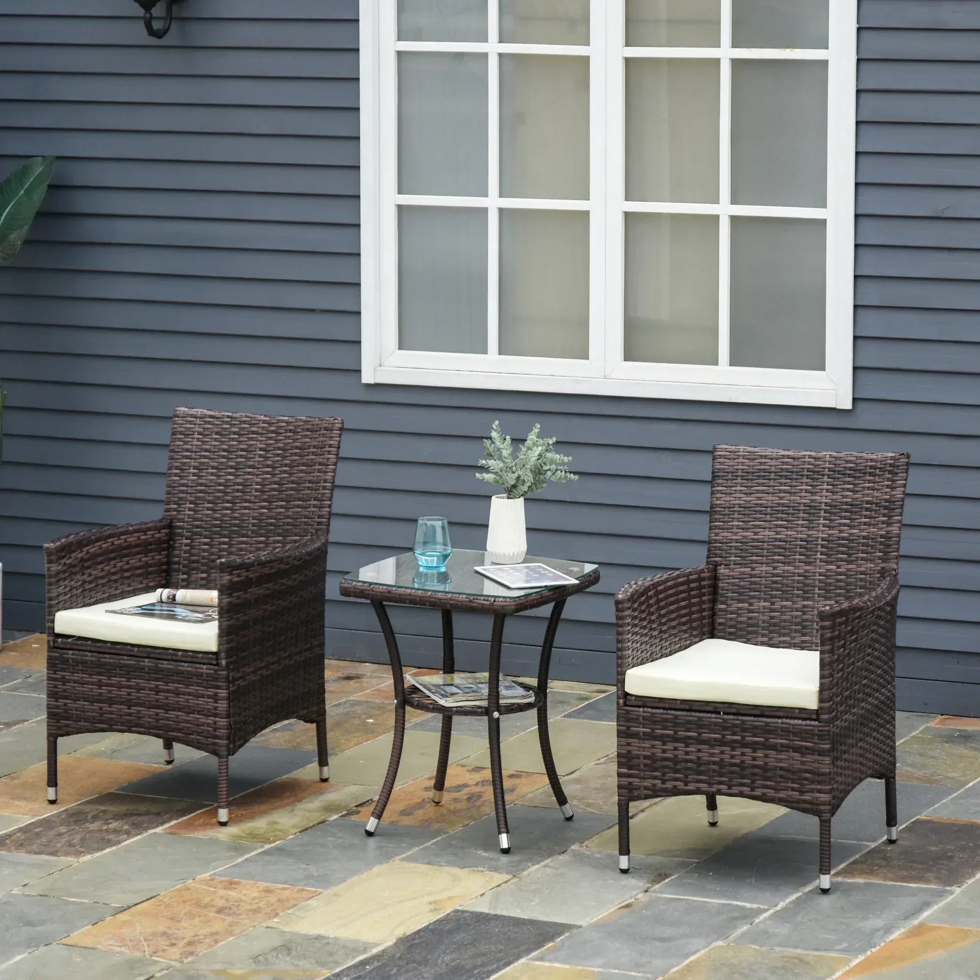 Three-Piece Rattan Chair Set, with Cushions - Brown - Bobobiy