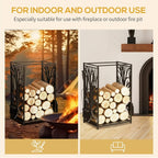 Black steel log rack with tree-pattern panels, stacked firewood positioned by flames