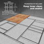 Metal shed foundation kit layout with base rails, gray supports, and wood floor panel