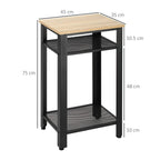 Dimension diagram of tall side table with oak top and black metal wire shelves