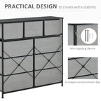 Grey fabric dresser base with black frame, X-bracing reinforcement, and adjustable feet