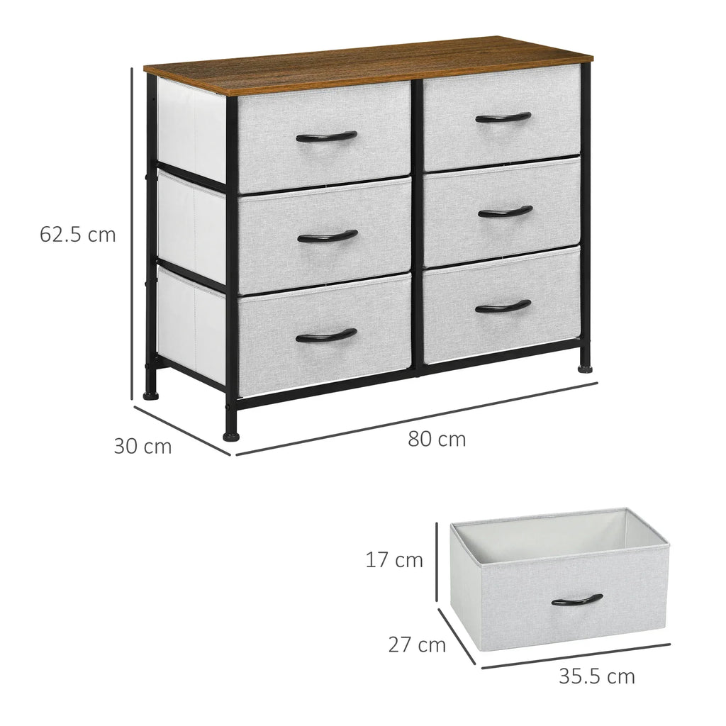 Fabric Chest of Drawers, Storage Drawers, Industrial Bedroom Dresser with 6 Fabric Drawers, Steel Frame and Wooden Top for Nursery, Living Room, Hallway, Grey - Bobobiy