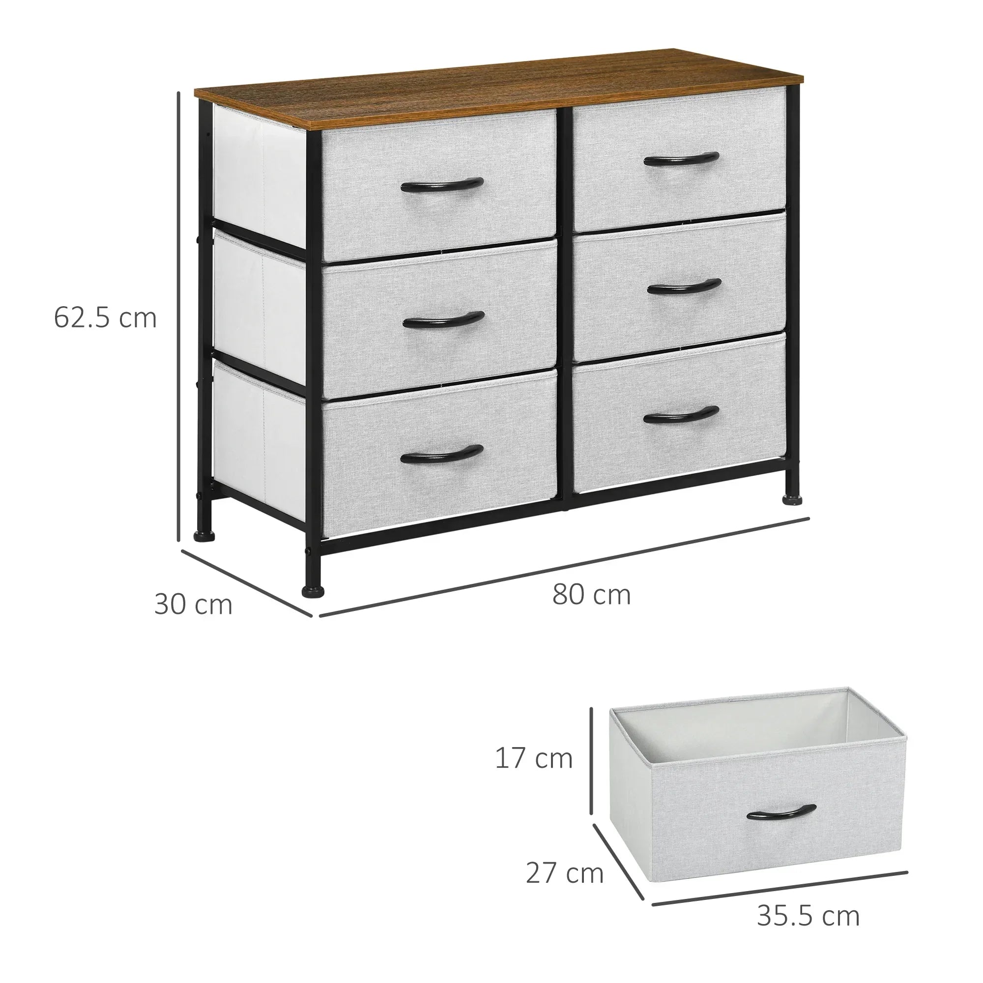 Fabric Chest of Drawers, Storage Drawers, Industrial Bedroom Dresser with 6 Fabric Drawers, Steel Frame and Wooden Top for Nursery, Living Room, Hallway, Grey - Bobobiy