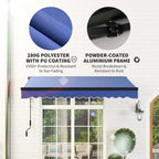 Blue retractable awning over large window on an aluminum frame.