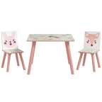 Kids table set with two pink chairs, animal face panels, and light wood legs