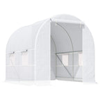 White arched walk-in greenhouse with mesh windows and front door on metal frame