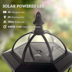 Close-up of a black solar lantern with arched clear glass panels and top cap.