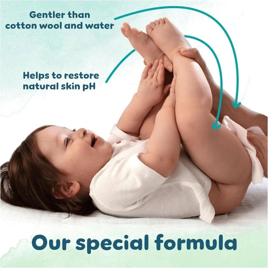 Baby being cleaned with gentle wipes, natural skin pH claim