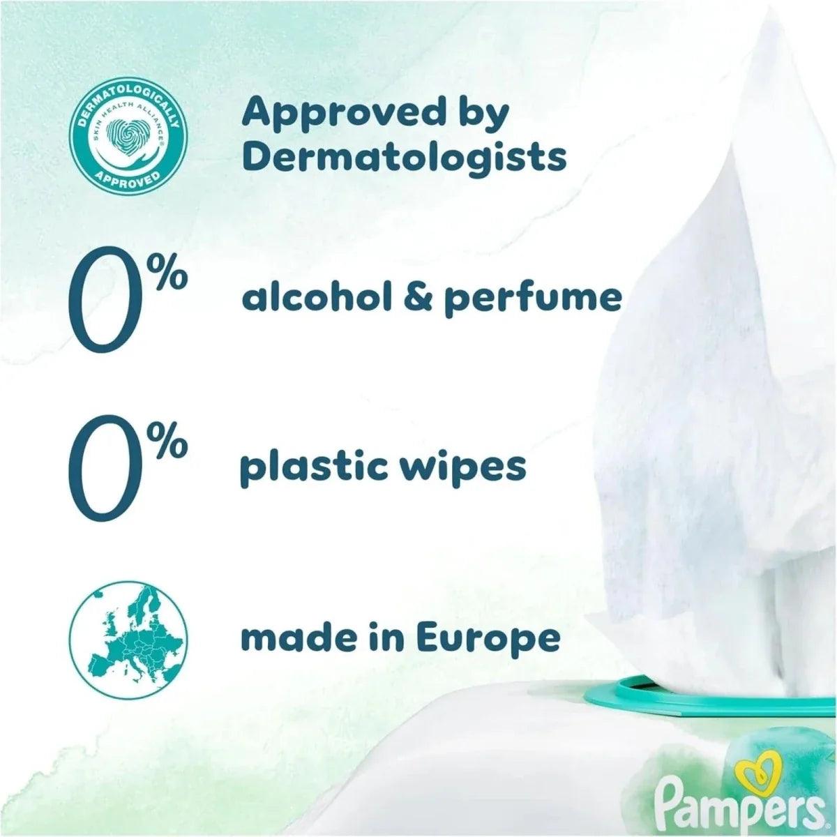 Baby wipes packaging pouch with dermatologist and 0% alcohol & perfume icons