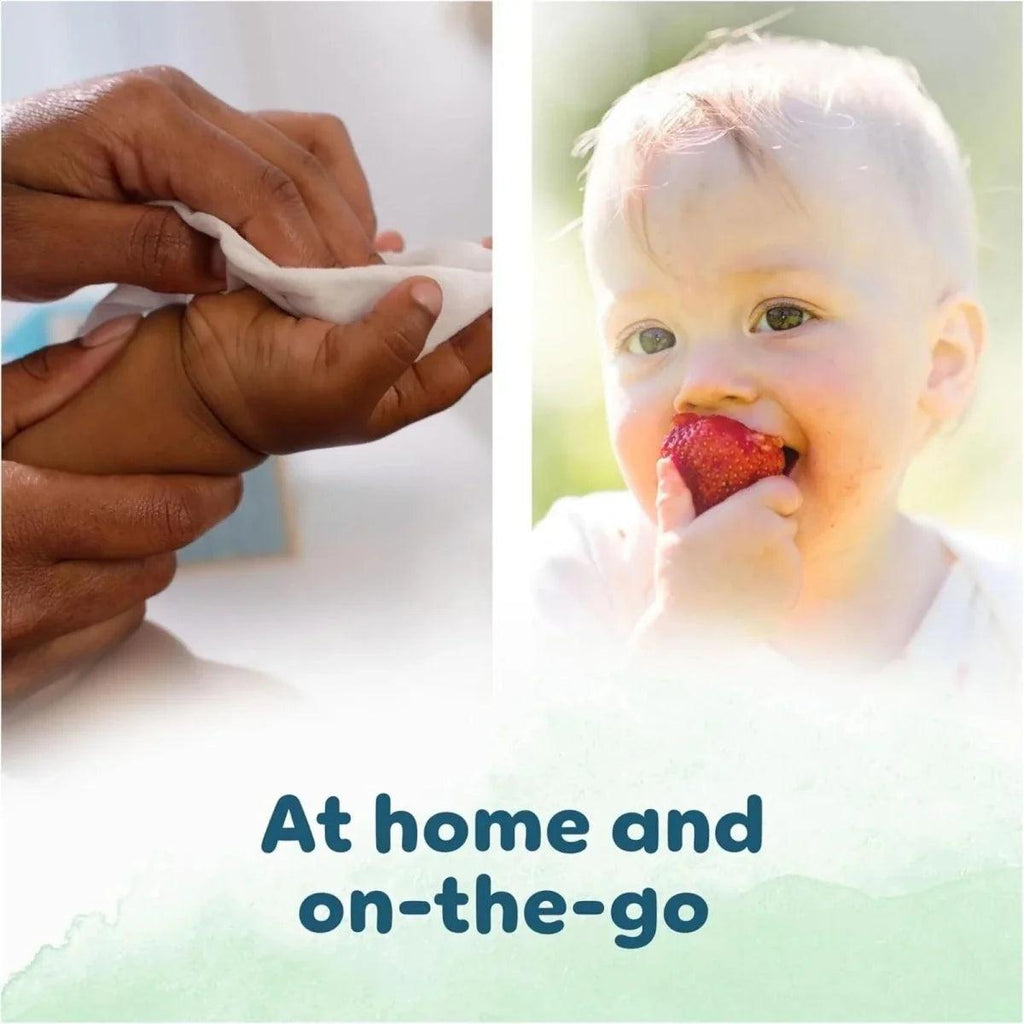 Baby wipes used for cleaning, with hand wiping baby's face and hand