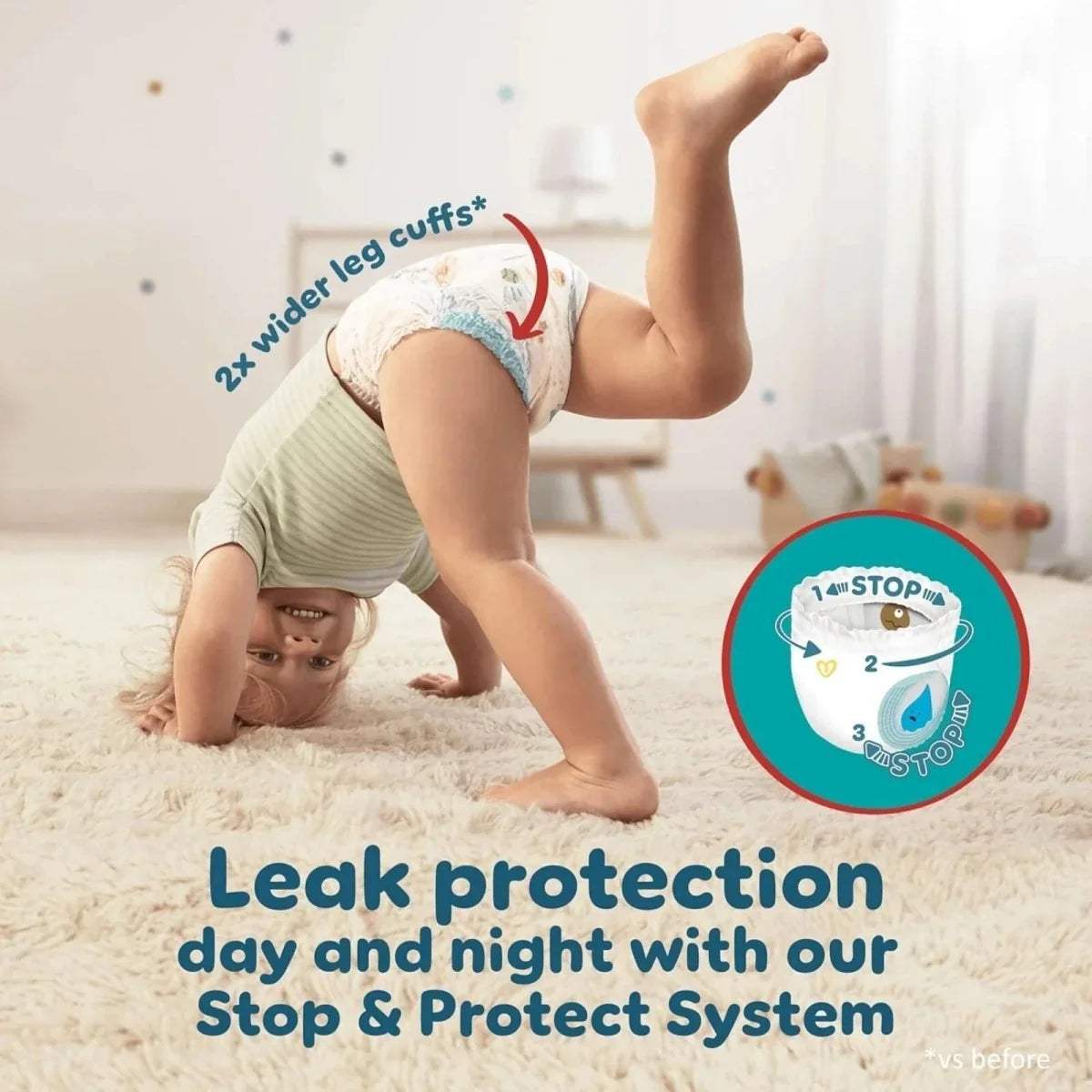 Pampers Baby-Dry pants box detail with leak protection, day and night system