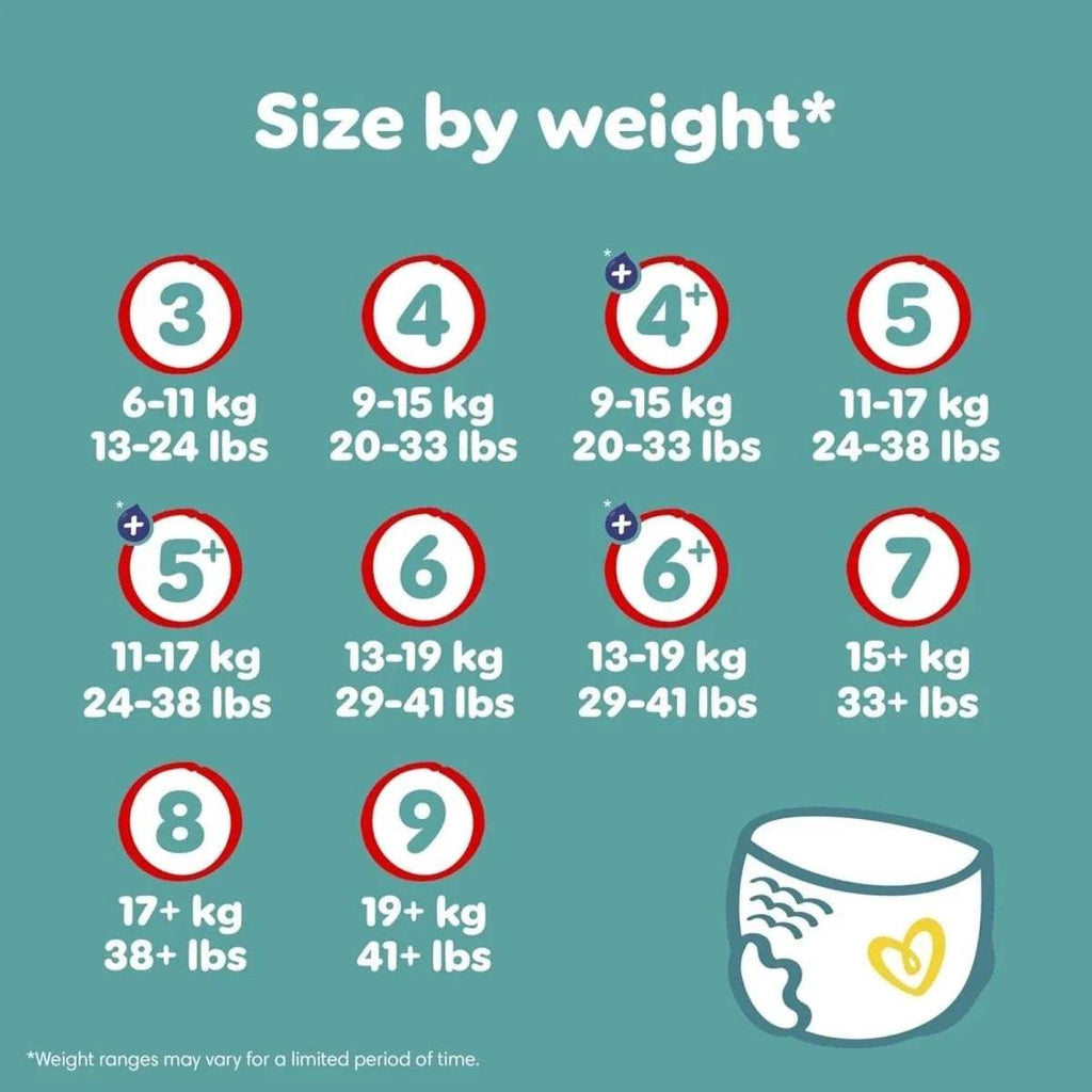 Pampers Baby-Dry pants size by weight chart showing size 7 range