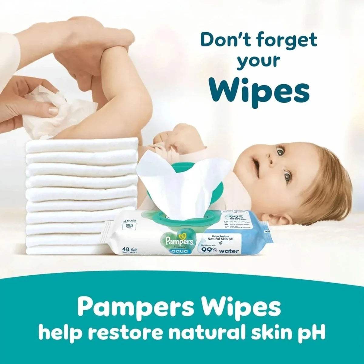 Pampers wipes and Baby-Dry pants pack graphic, don’t forget wipes message