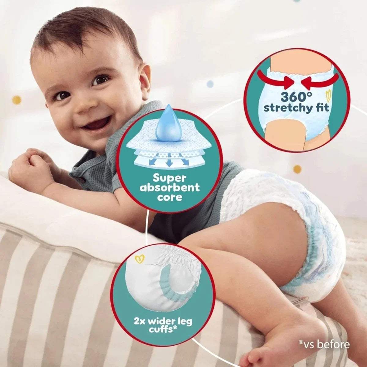 Baby in light blue diaper pants with 360° stretch fit and absorbency core