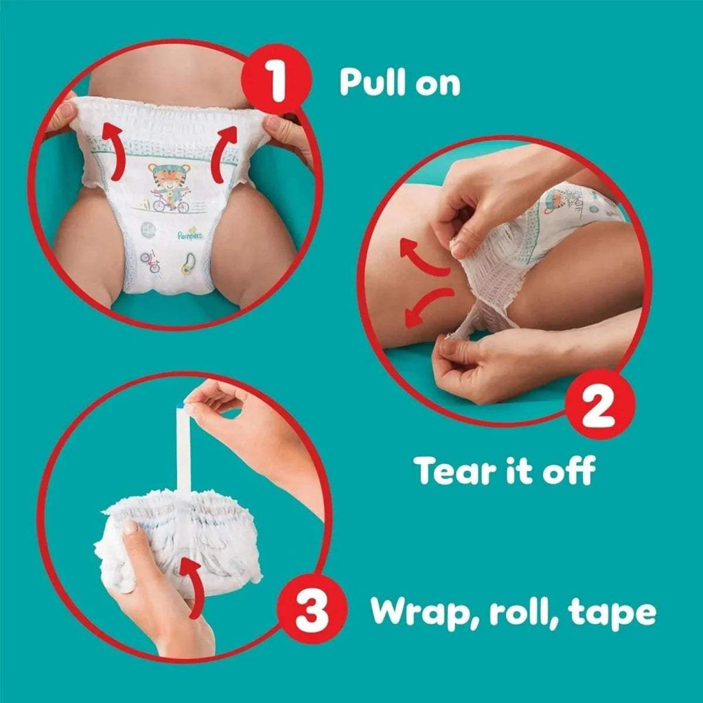 Diaper pants changing steps: pull on, tear off, wrap, roll, tape