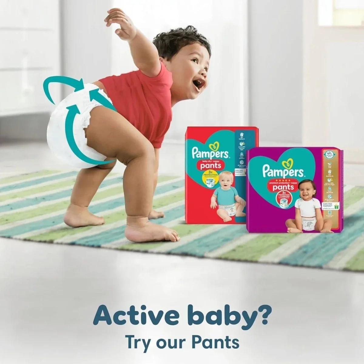 Baby pants-style diapers pack for active babies, shown with toddler and diaper boxes