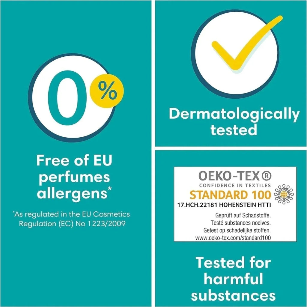Product benefit icons: 0% free of EU perfumes and allergens, dermatologically tested