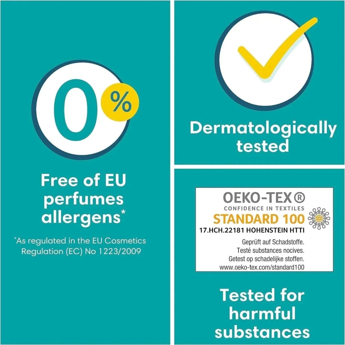 Product benefit icons: 0% free of EU perfumes and allergens, dermatologically tested