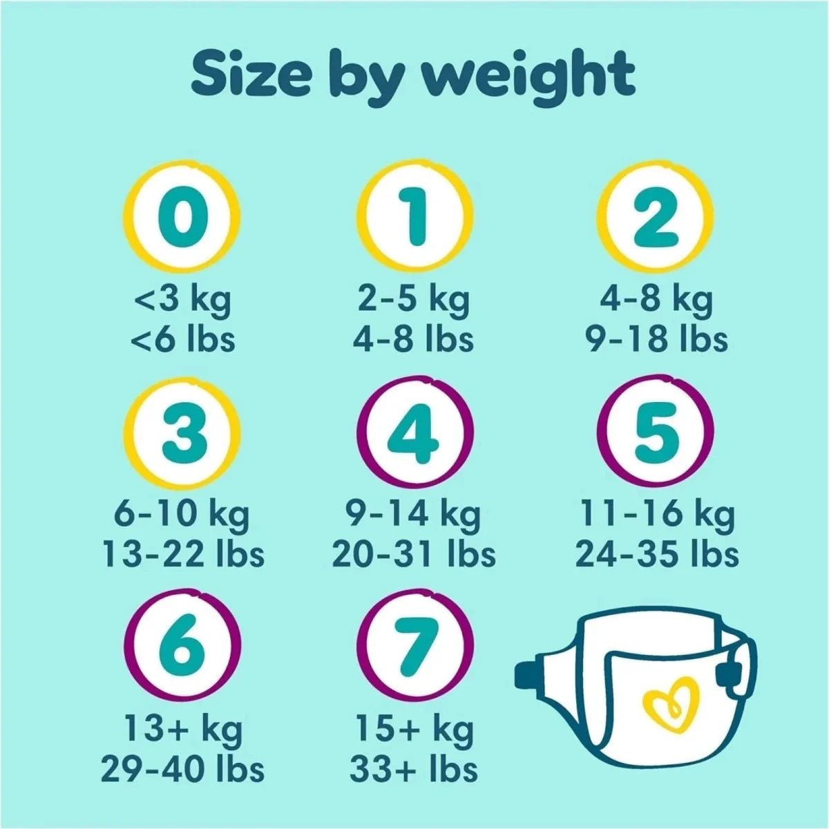 Diaper size by weight chart with size numbers 0 to 7 and weight ranges