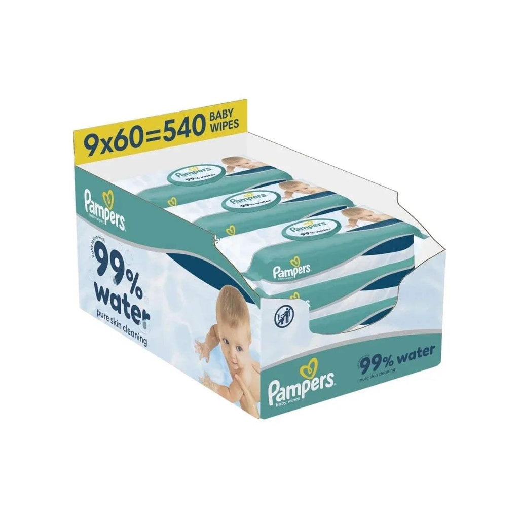 Baby wipes box, 9x60 count, 99% water, plastic-free baby cleaning wipes