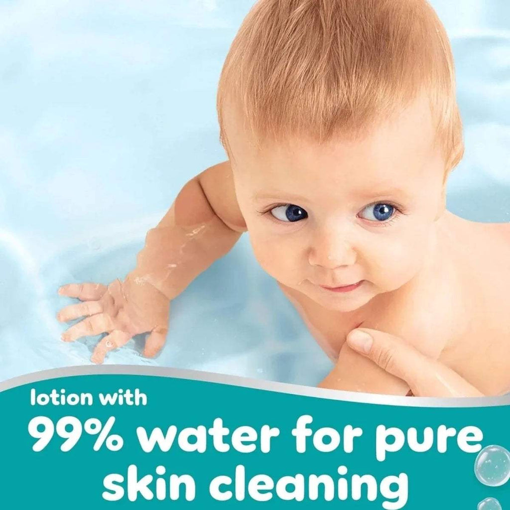 Baby wipes with 99% water for pure skin cleaning, shown with infant