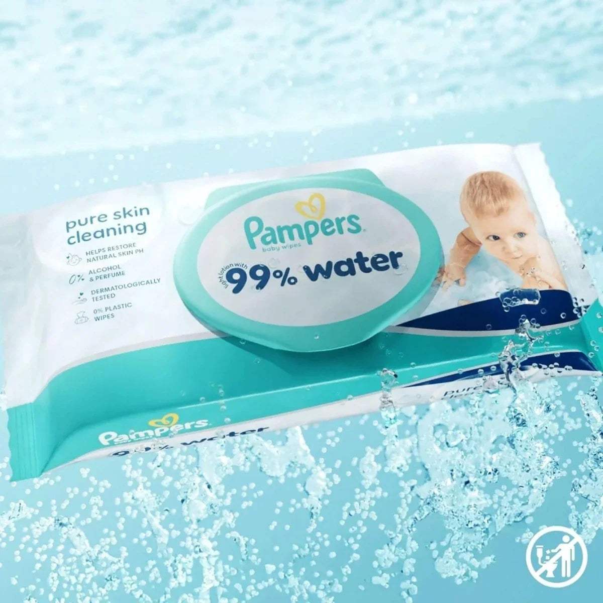 Pampers baby wipes pack with circular lid, 99% water label