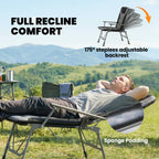 Black padded camping chair fully reclined with stepless adjustable backrest