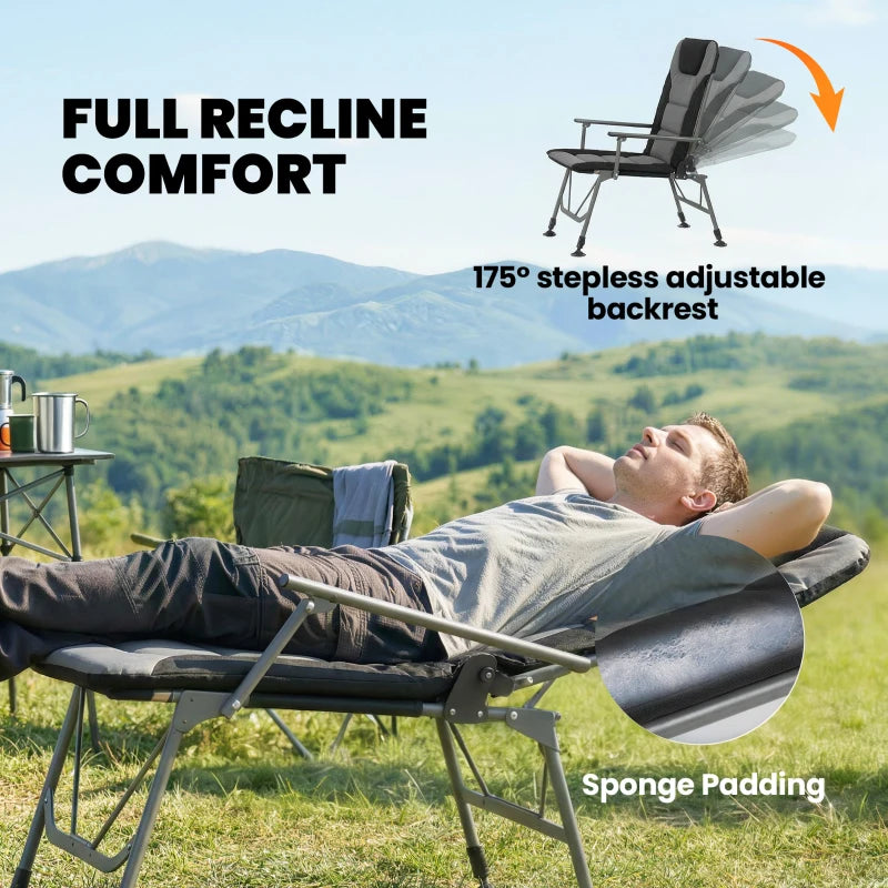 Black padded camping chair fully reclined with stepless adjustable backrest