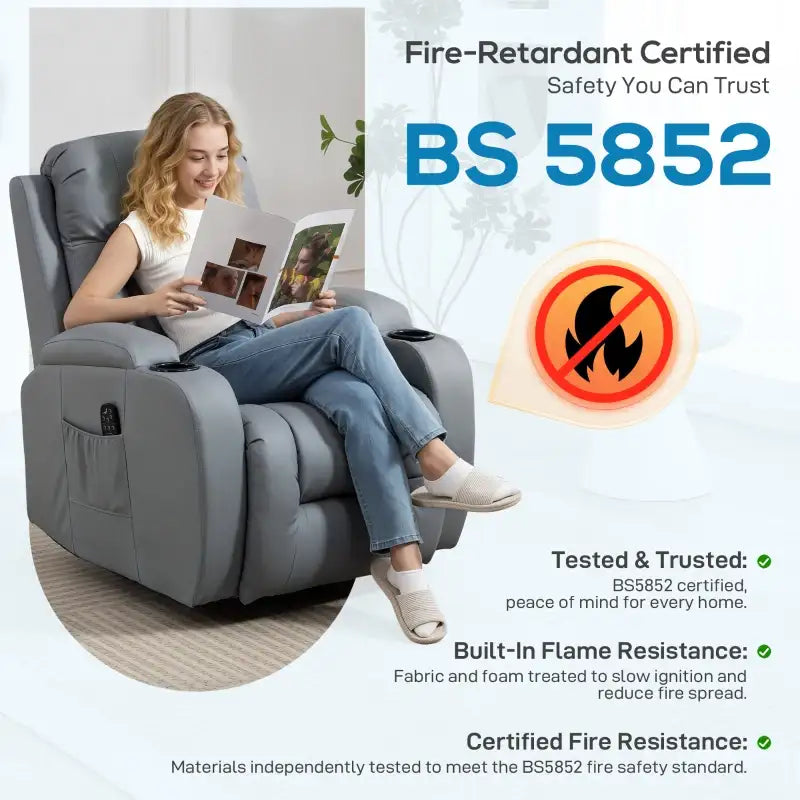 Grey PU leather massage recliner chair with secure upholstery and recline footrest