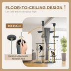 Grey floor-to-ceiling cat tree tower with height-adjustable tension rod for tall spaces