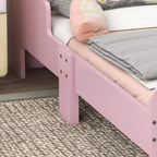 Pink toddler bed frame close-up of side panel, leg, and ventilation holes