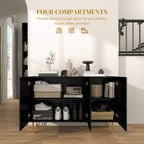 Black high-gloss sideboard open front showing shelves and storage compartments