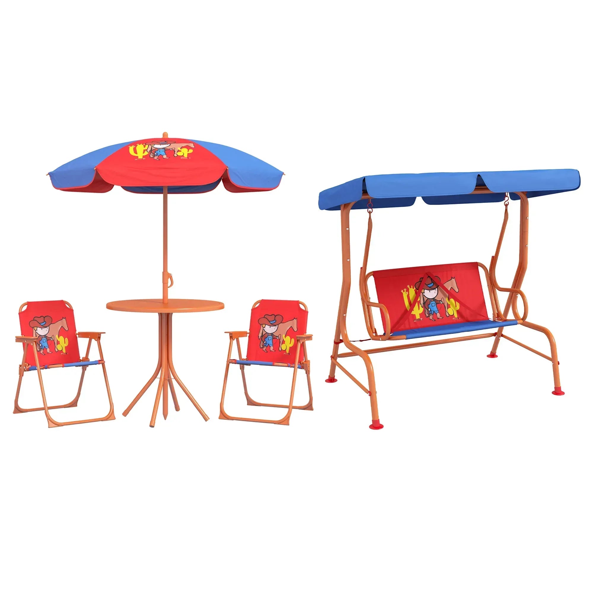 4 Piece Kids Garden Furniture Set with Adjustable Canopy, Cowboy Themed, Kids Garden Table and Chair Set and Double Seat Swing Chair for Patio Park Porch, for Ages 3-6 Years - Red and Blue - Bobobiy