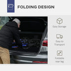 Foldable rear leg and storage pouch on a blue rollator walker