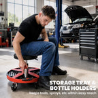 Rolling workshop stool with padded seat, storage tray, and bottle holders on red base