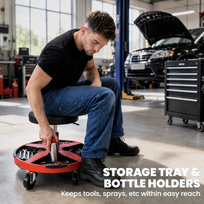 Rolling workshop stool with padded seat, storage tray, and bottle holders on red base