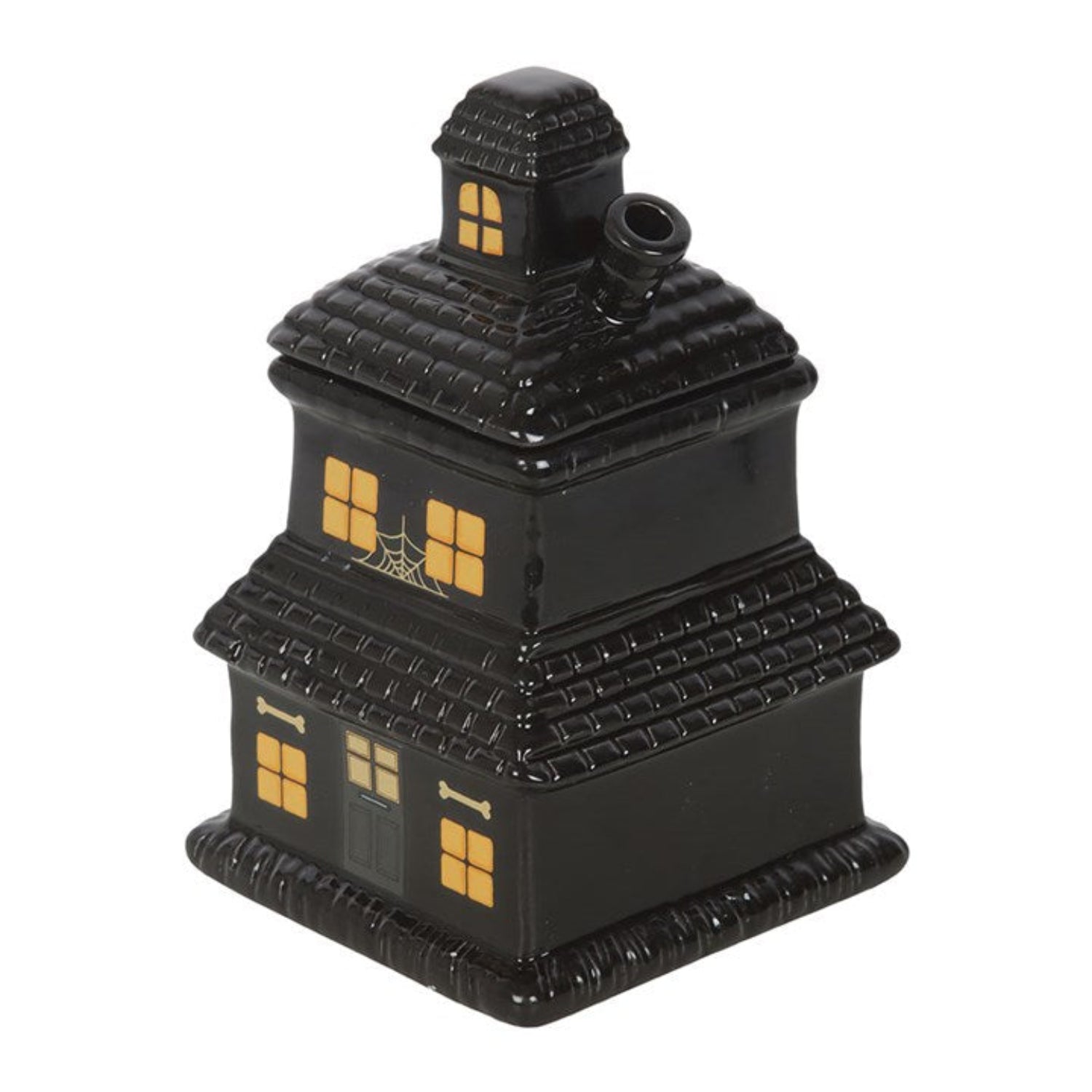 Black ceramic haunted house with spider webs and a bone on a white background