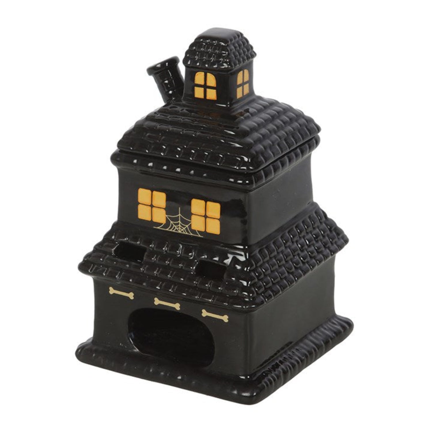 Black ceramic haunted house with spider web design on a white background