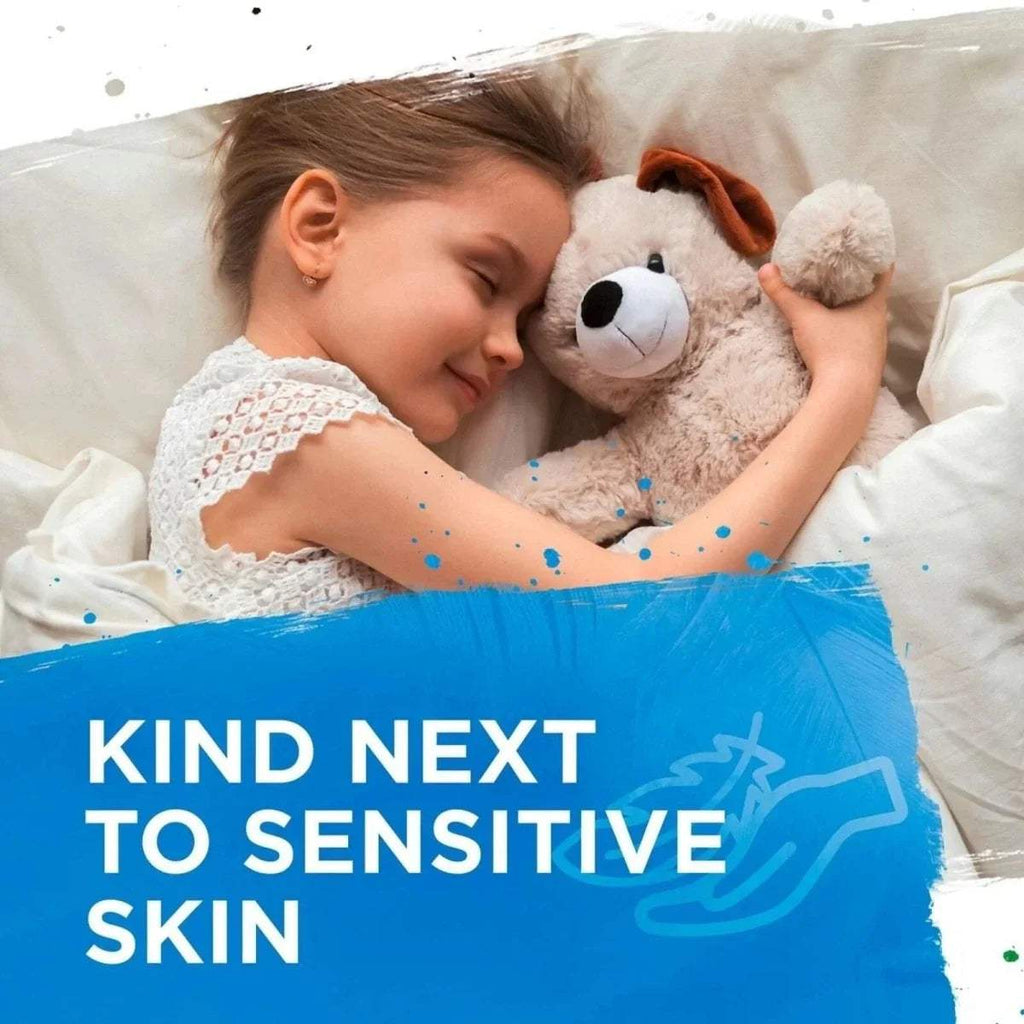 Persil Non Bio washing powder pack beside child cuddling teddy, kind next to sensitive skin