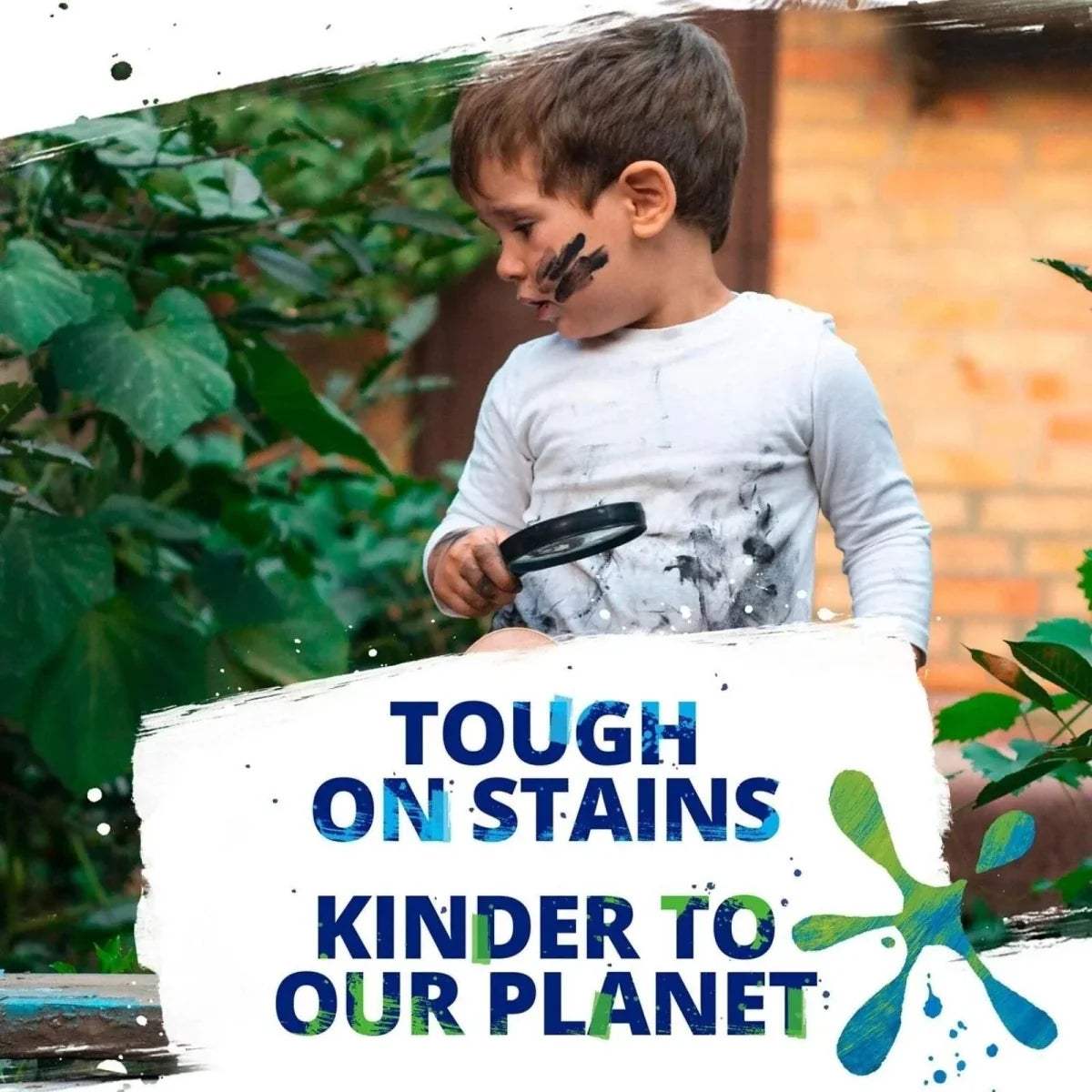 Persil Non Bio washing powder pack with boy with stains, tough on stains kinder to our planet