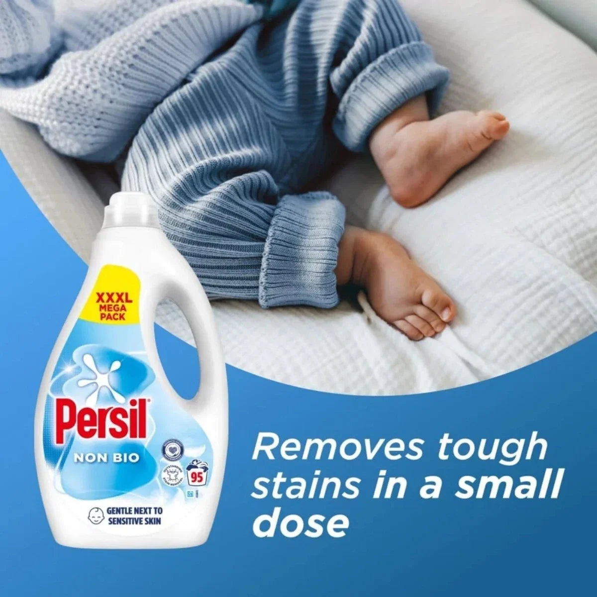 Persil Non bio detergent bottle beside folded blue baby clothes, 95 washes