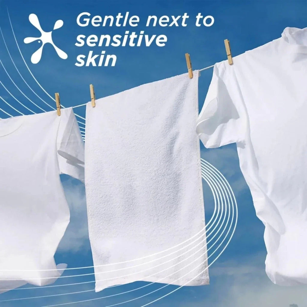 White laundry towels on a line with “Gentle next to sensitive skin” text