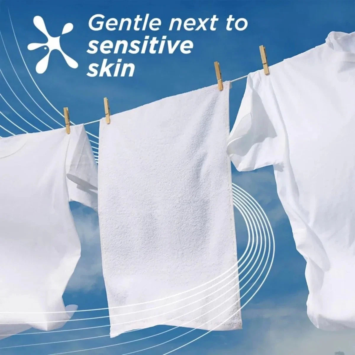 White laundry towels on a line with “Gentle next to sensitive skin” text