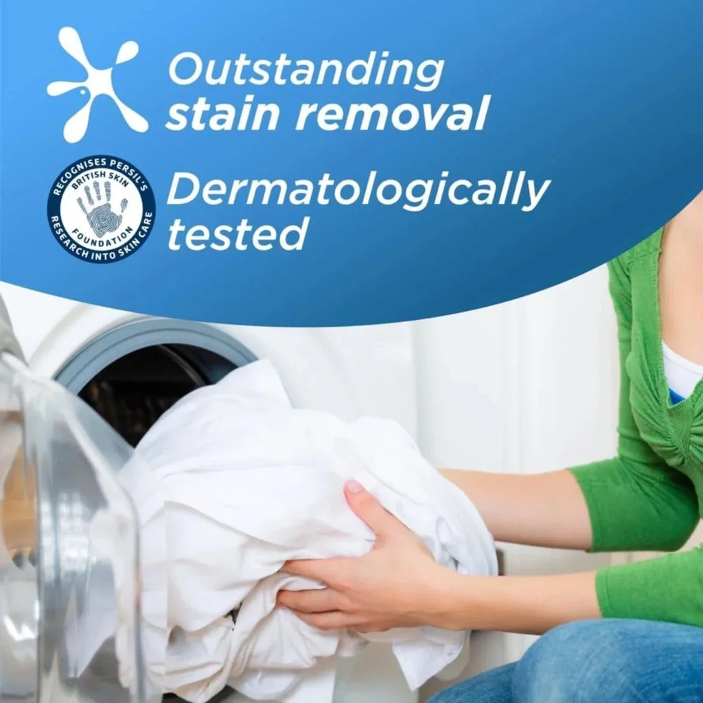 Hands washing white laundry with “Dermatologically tested” detergent claim